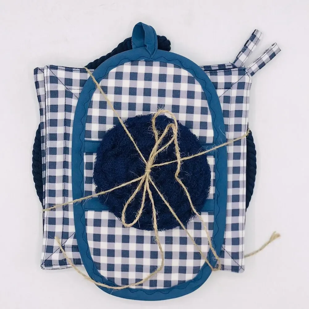 Trivet, Finger Hotpad, 2 Square Potholders, and Scrubbie, Navy Blue, 5 Piece Set